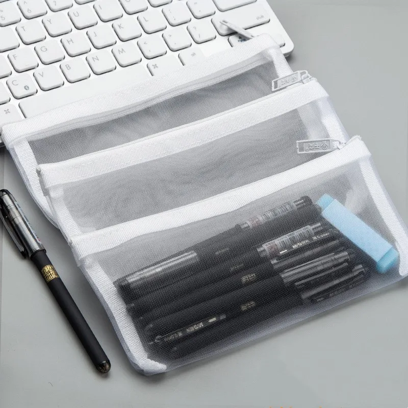 Simple Mesh Pencil Case Large Capacity Pen Bag Transparent Rectangles Pencil Holder Bag For Student School Supplies Stationery