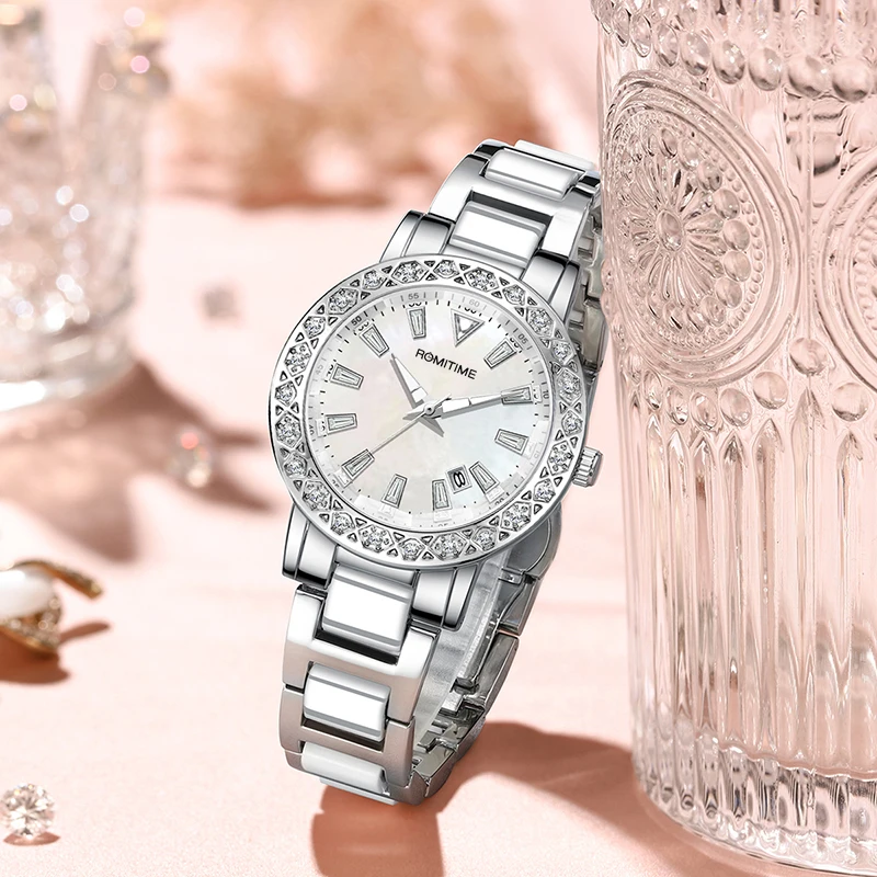 ROMITIME Luxury Women Quartz Watch Mother-of-Pearl Dial Calendar Diamond-set Bezel Leisure Luminous 30M Waterproof Lady Watches