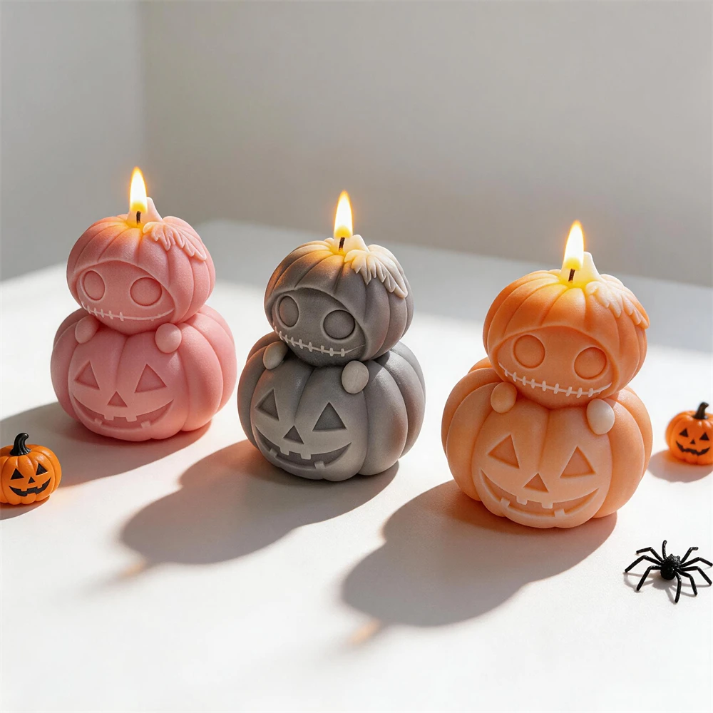 Jack-O-Lanterns Halloween Silicone Mold Stacked Pumpkin Candle Mold Ghost Skeleton Resin Plaster Mould For Halloween Decor