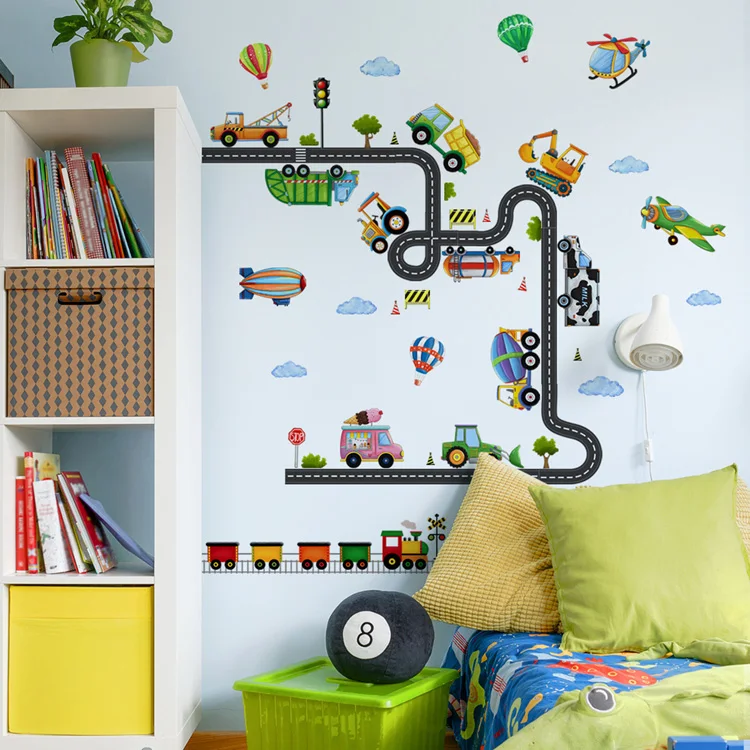 Cartoon Baufahrzeug Flugzeug Wandaufkleber Kinderzimmer Heimdekoration Wandbild Kinderzimmer Selbstklebende Kombinations-Tapete – Detail 6