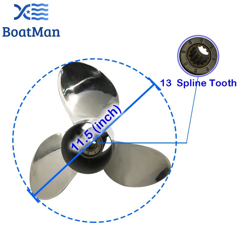 Boatman Boat Propeller 11.5x11 Match with Tohatsu Outboard Engines MD40B2 MD50B2 3 Blades Stainless Steel 13 Spline Tooth RH