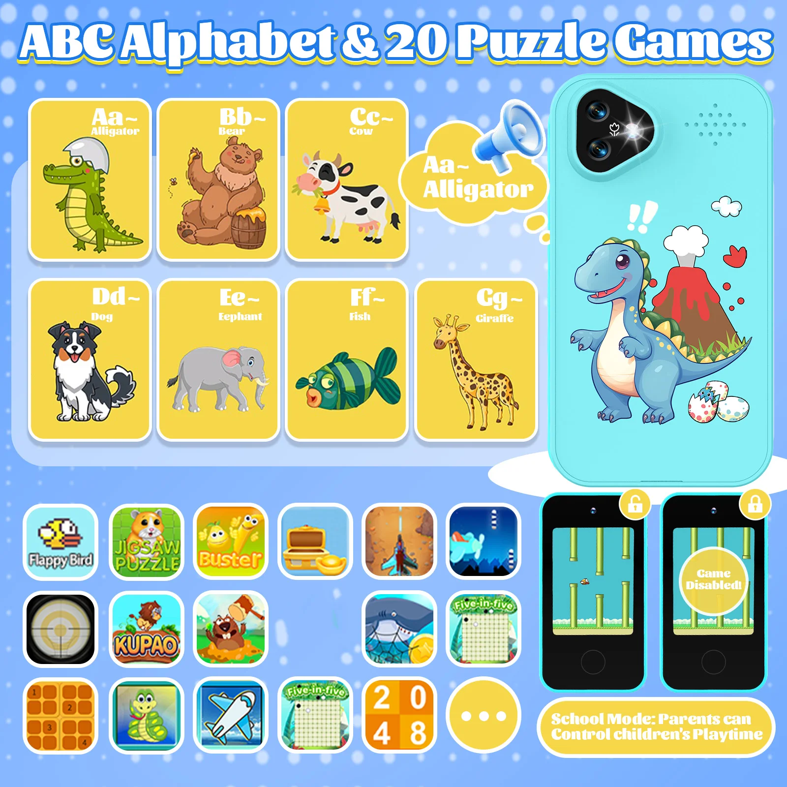 Smartphone pour enfants, double caméra, écran tactile 2,8 pouces, écran tactile, batterie rechargeable, jouet éducatif et lecteur de musique, cadeau