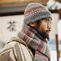 Maden Unisex Vintage Fair Isle Scarf & Beanie Set Windproof Hat Knit Pattern Scarf Warm Knit Winter Accessories Perfect Gift