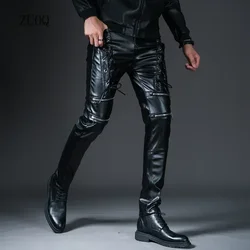 Nuevos pantalones de motociclista ajustados de piel sintética para hombre de primavera e invierno, pantalones de motocicleta a la moda para hombre, ropa para escenario y Club