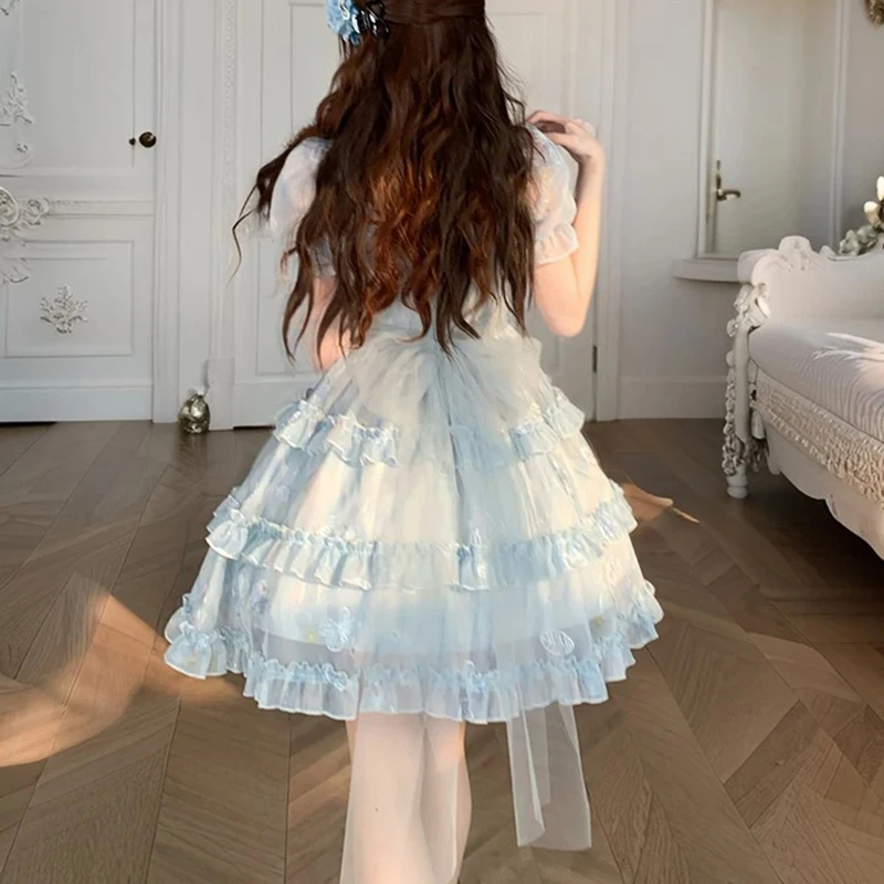 Kawaii Bogen Mini Kleid Frauen Mode Party Mesh Rüschen Patchwork Kleider Sommer Koreanische Puff Kurzarm Bodycon Design Vestidos