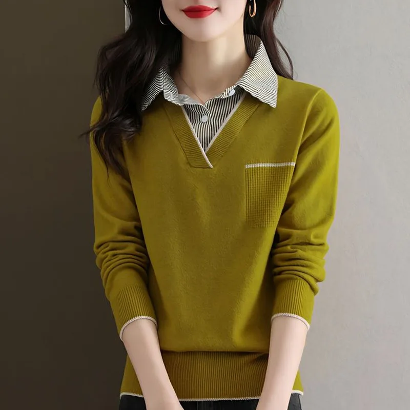 Spring and Autumn Fashion Trend Fake Two Piece Spliced Shirt Collar Loose Versatile Casual Age Reducing Women\'s Knitted Sweater