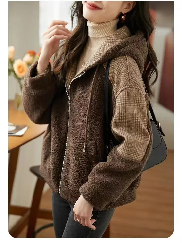 2023 Autumn/Winter Loose Plush Long Sleeve Zip Pocket Hooded Warm Coat for Women grid Fake Fur