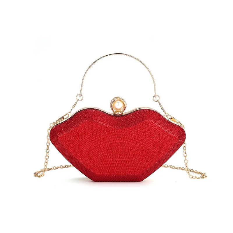 

2025 New Fashion Full Diamonds Funny Lips Eveving Clutch Bag Women Wedding Party Handbags Purse Luxury Chain Shoulder Bag
