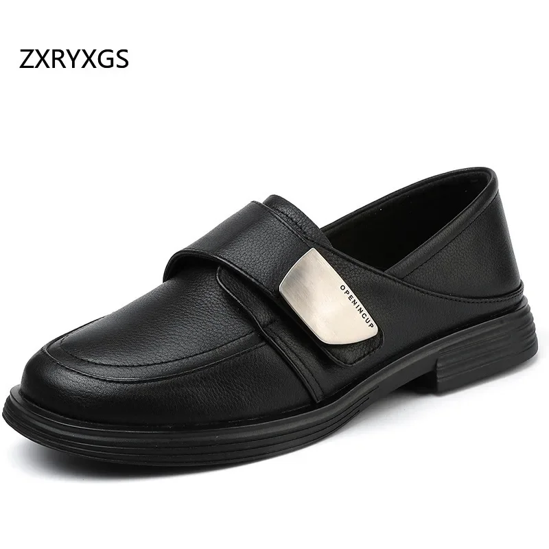 ZXRYXGS Top Layer Cowhide Women Single Shoes Flats 2024 Spring Autumn British Style Women Leather Shoes Fashion Casual Plus Size