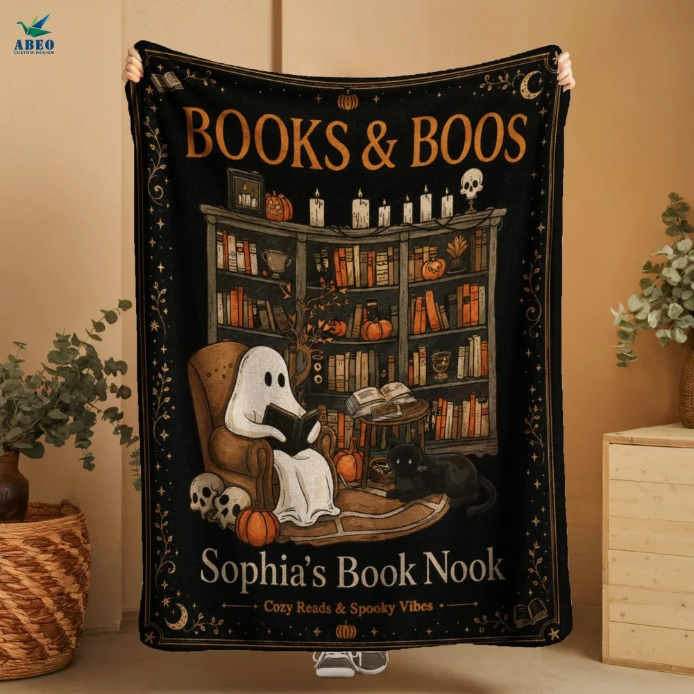 Vintage Spooky Halloween Customized Name Fleece Blanket Ghost Reading Book Black Cat Pumpkin Candle Warm Soft Lap Blanket