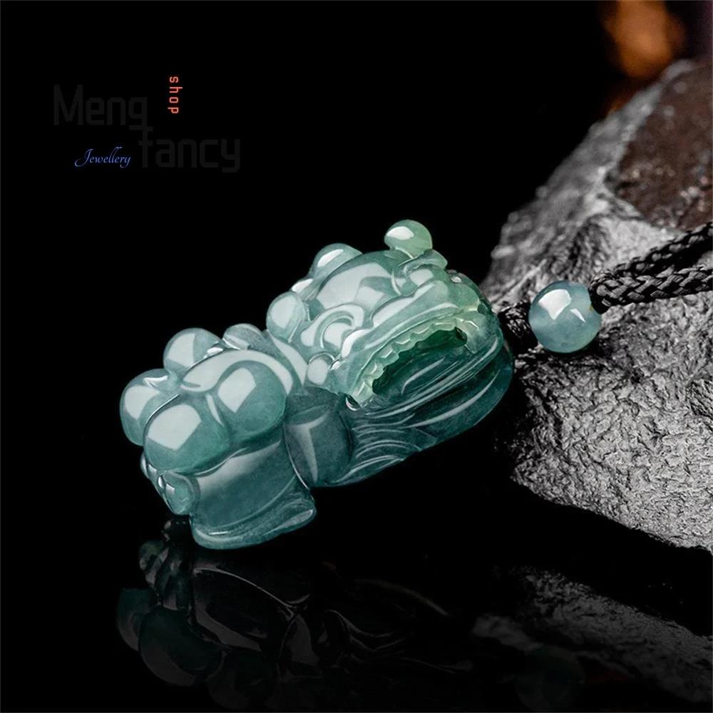 Natural A-goods Jadeite Glutinous Blue Water Small Bully Inviting Wealth Pixiu Jade Pendant Exquisite Engraver Fashion Jewelry