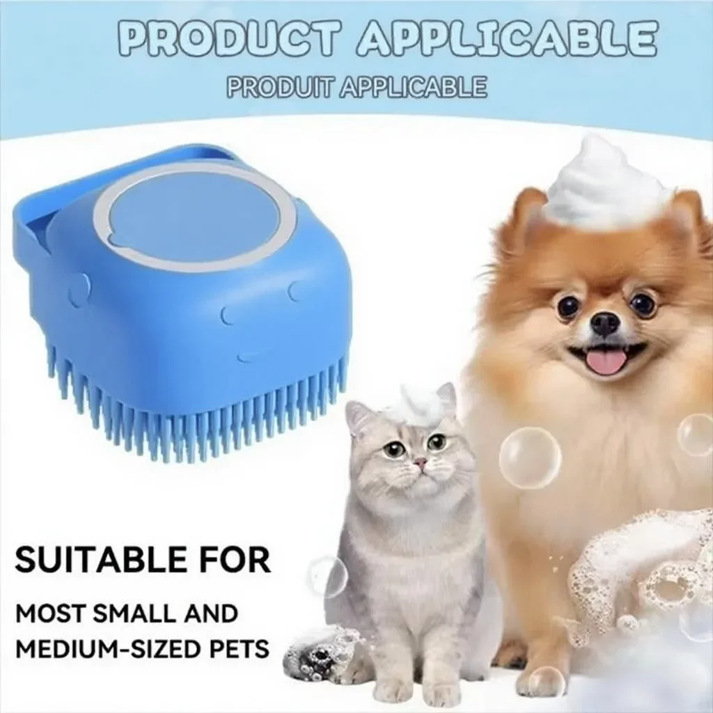 Silicone Soft Rubber Pet Massage Shower Brush with Builtin Shampoo Storage Self Cleaning Detangling for Dogs Cats Grooming Brush