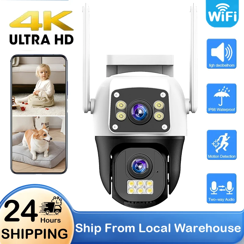 Caméras de surveillance domestique extérieures WiFi à double objectif 4K 8MP avec détection humaine, vision nocturne, système de sécurité PTZ, moniteur vidéo