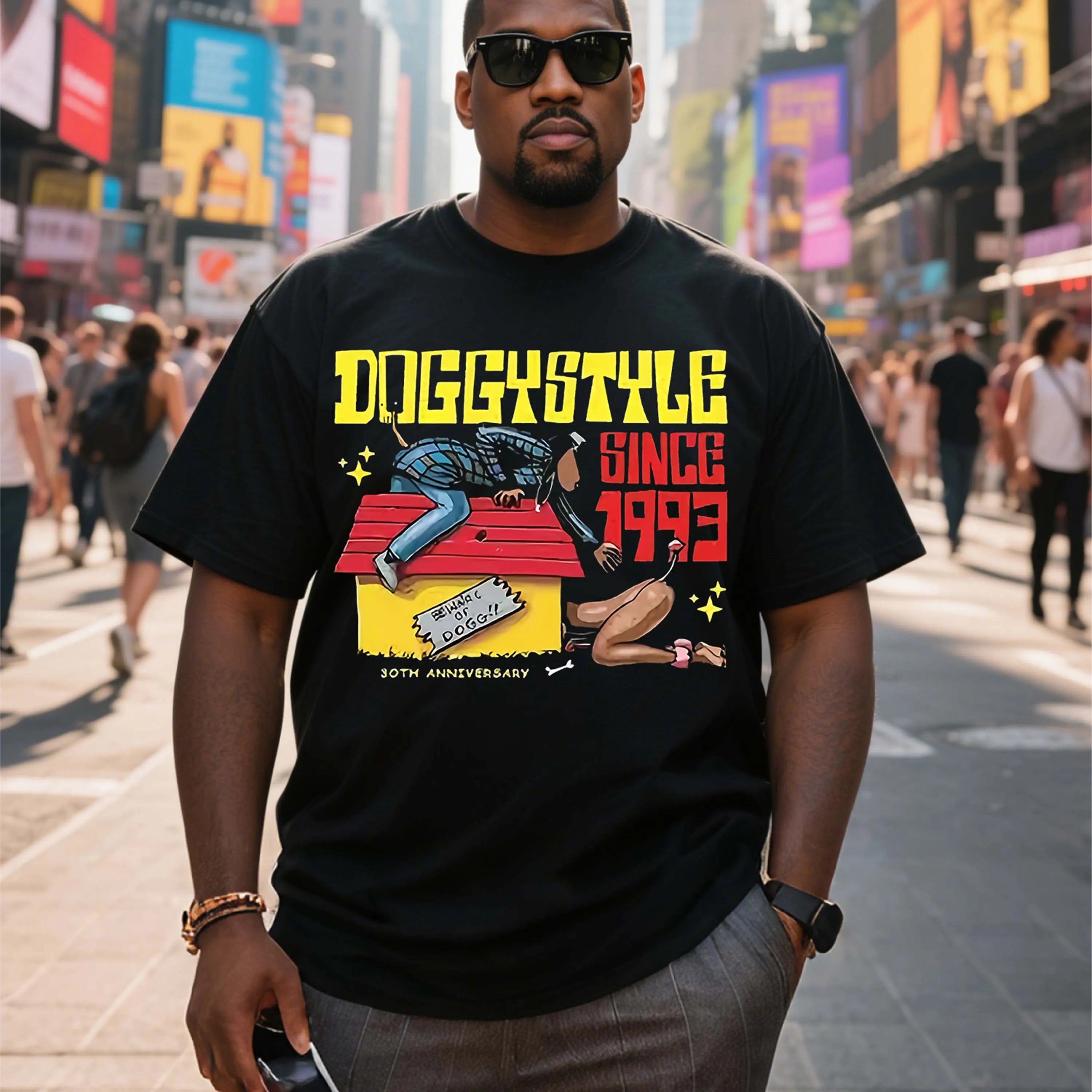 

Plus Size Doggystyle Anniversary Graphic Black Short Sleeve T-Shirt Suitable for Outdoor Leisure Wear in Summer