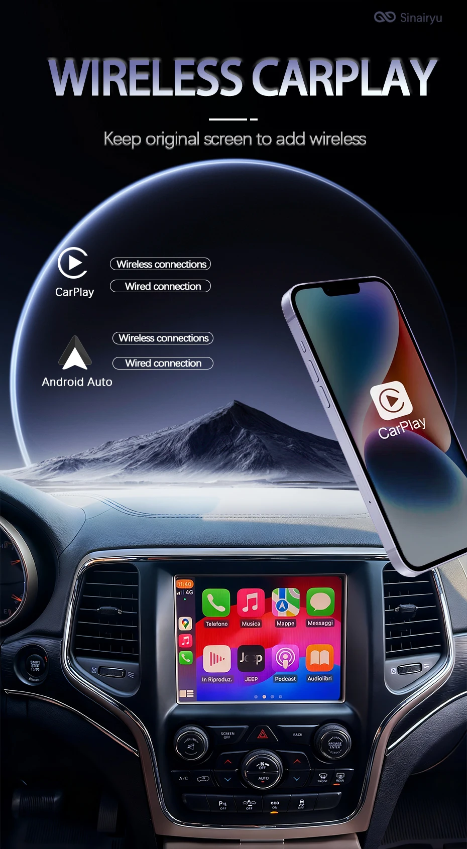 Sinairyu Apple Carplay Android Auto Aftermarket Kamera Drahtlose Modul Für Jeep Grand Cherokee XJ KL Wrangler Compass Commander – Detail 1