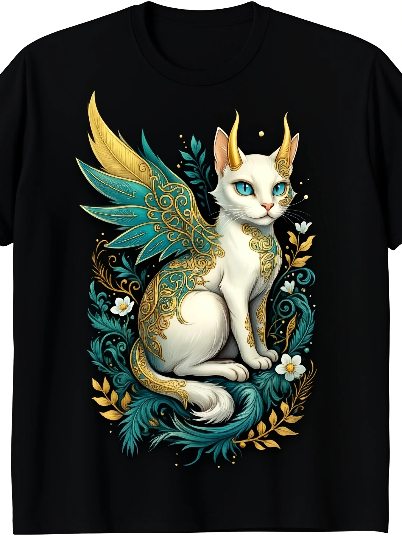 Men's T-shirt with grand cat-dragon fairy fantasy art print, white with blue-green accents, gold embellishments, regular fit, short sleeves, round neck, casual T-shirt, machine washable