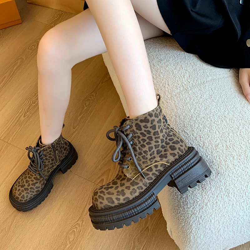 2024 High Quality Ladies Shoes Side Zipper Women's Boots Fashion Leopard Print Modern Boots Women New Lace-up Shoes for Women