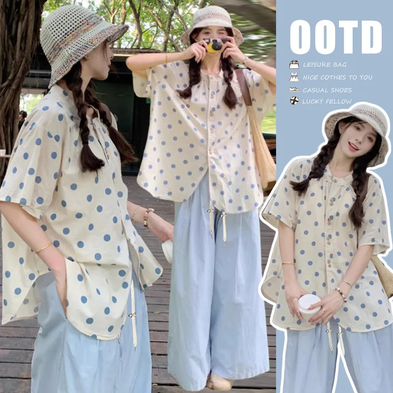 

Summer 2025 Maternity Wear Playful Dot Print Top with Adjustable Waist Trousers Trendy Slimming Ensemble for Mothers to Be