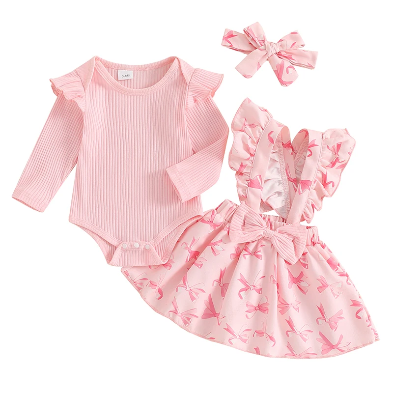 

Baby Girl Fall Outfit Ruffle Long Sleeve Ribbed Romper Bow Print Suspender Skirt Tie Headband 3 Piece Set