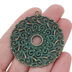 ZXZ 5pcs Verdigris Patina Green Large Hollow Open Filigree Flower Round Circle Charms Pendants for Jewelry Making Findings