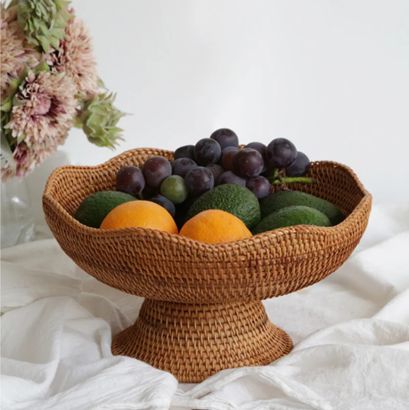 Rattan Fruit Baskets Wicker Storage Bowls Natural Woven Serving Basket Bowls Decorative Baskets for Kitchen Counter Organizing