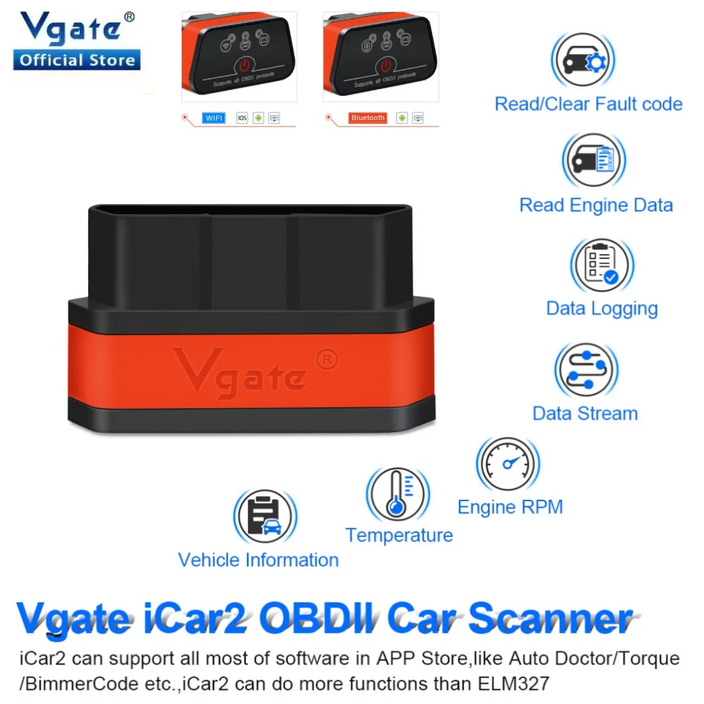 Vgate ICar2 Car Diagnostic Bluetooth  WiFi OBD2 ELM327 V2.2 Scanner Code Read Diagnostic Tool Extension Cable ODB 2 Auto Tool