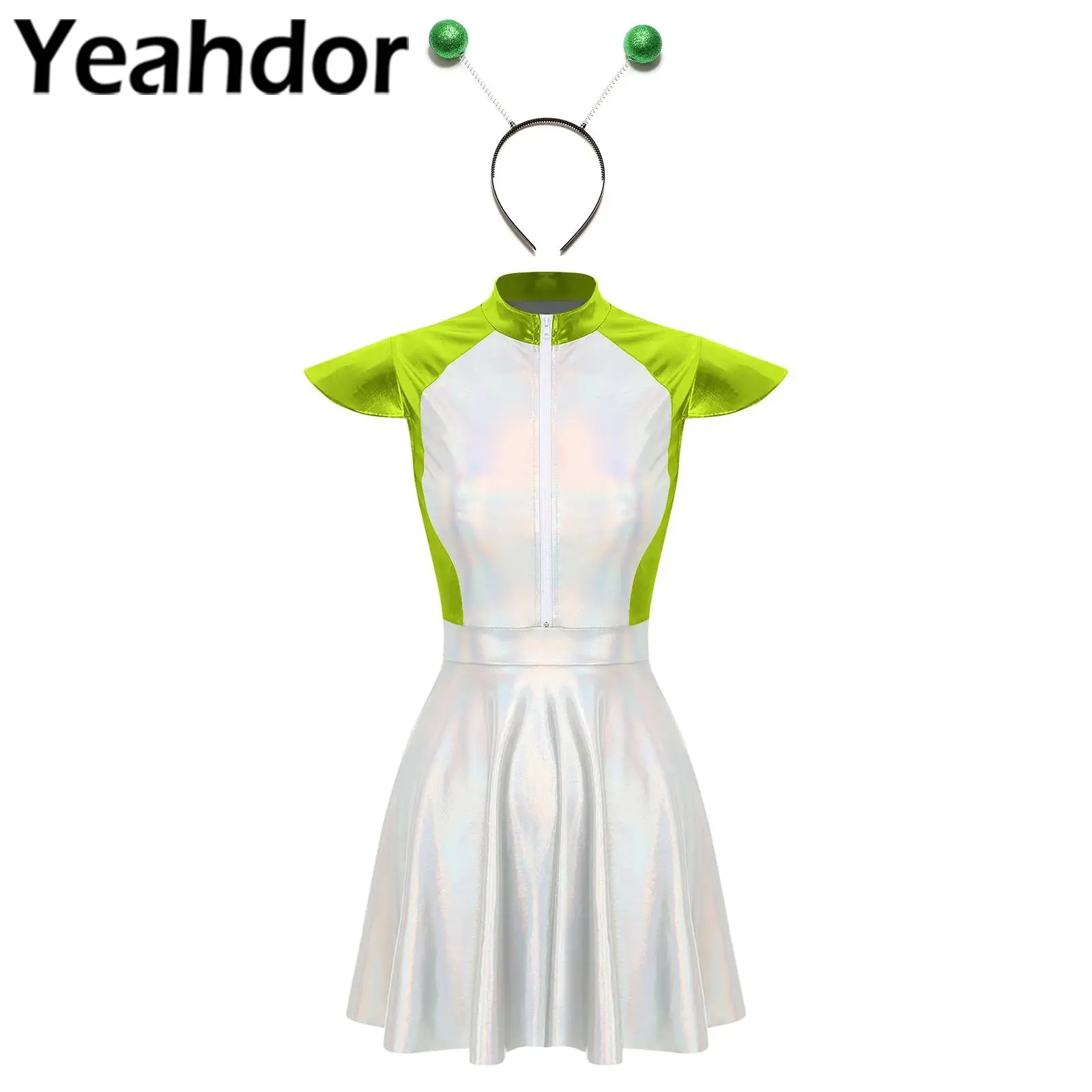 

Женский костюм инопланетянина, косплей-платье, карнавальное вечернее платье для ролевых игр, блестящее платье-пачка с короткими рукавами и обручем для волос