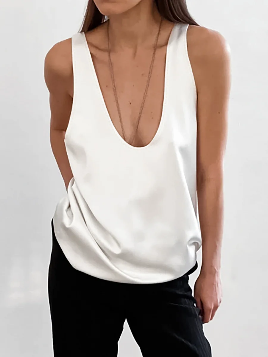 2026 Newfor Women U Neck Active & Street Style Soft Comfortable Casual Daily Party Wear Solid Color Satin Sleeveless Top