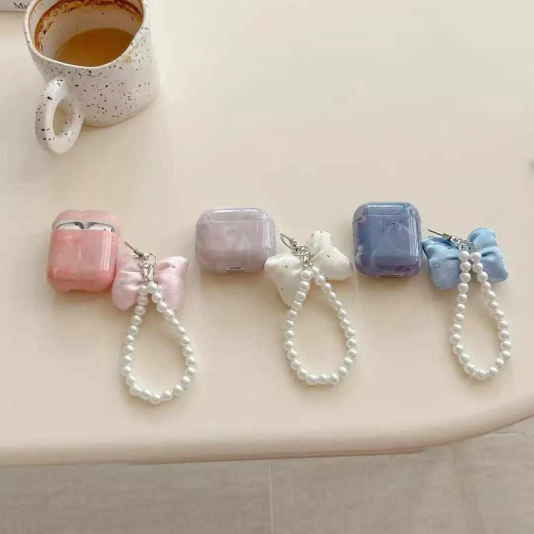 IMD Rendering Color Pattern Earphone Case For Airpods Pro 3 Pro2 4 3 2 Wireless Headset Protective Cover With Bow Pearl Bracelet