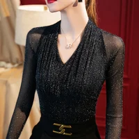 Women Spring Autumn Style Mesh Blouses Shirts Lady Sexy Long See Through Sleeve V-Neck Patchwork Blusas Tops WY1002 - Image 4