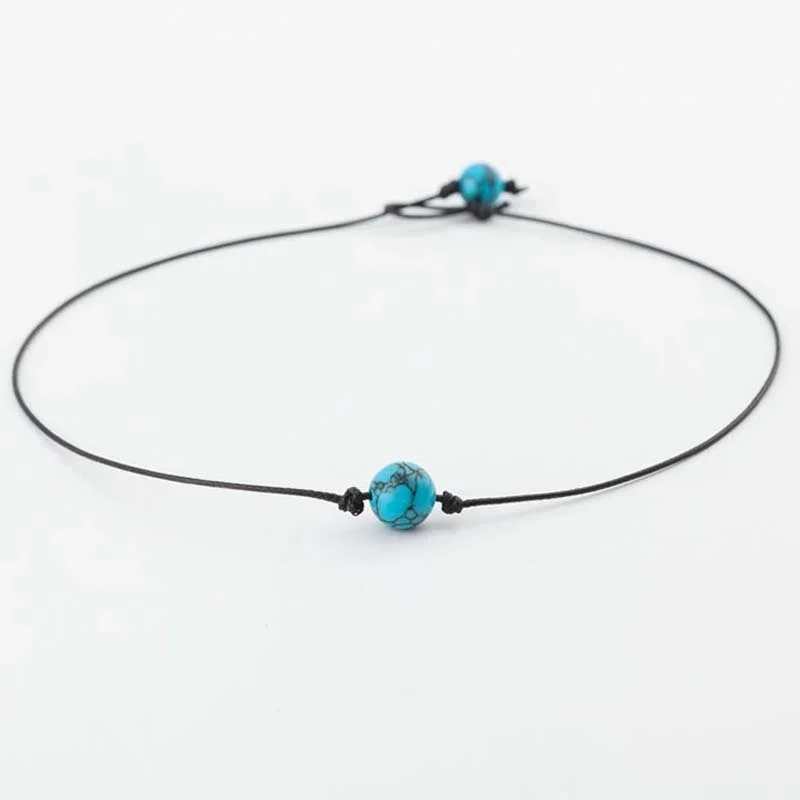 Fashion Green Blue Turquoises Pearl Charms Choker Necklace On Leather Cord For Women Handmade  Jewelry Gifts