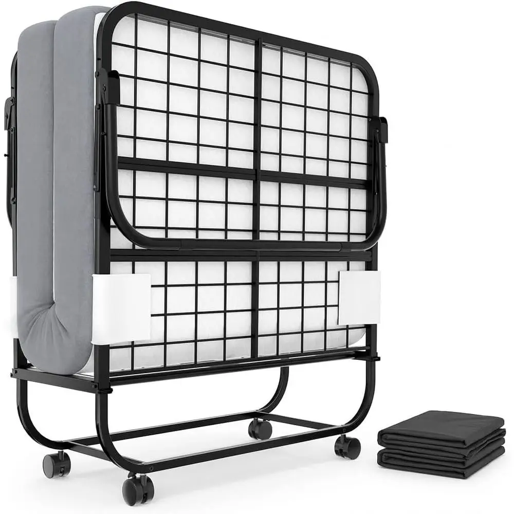 

Раскладная кровать с матрасом для взрослых, складная кровать с матрасом из пены с эффектом памяти, прочный металлический каркас, портативная гостевая кровать на колесиках