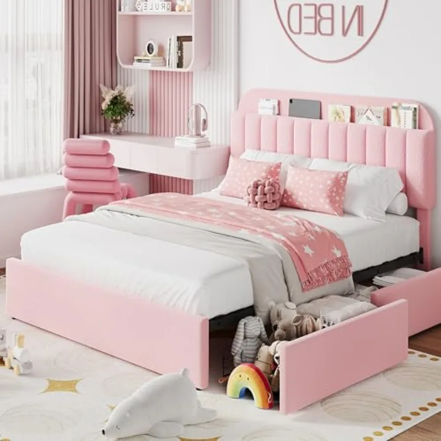 

Bed Frame with 2 Flexible Drawers and Bookcase Headboard, Boucle Upholstered Platform Bed for Girls, Noise-Free, Easy Assembly,