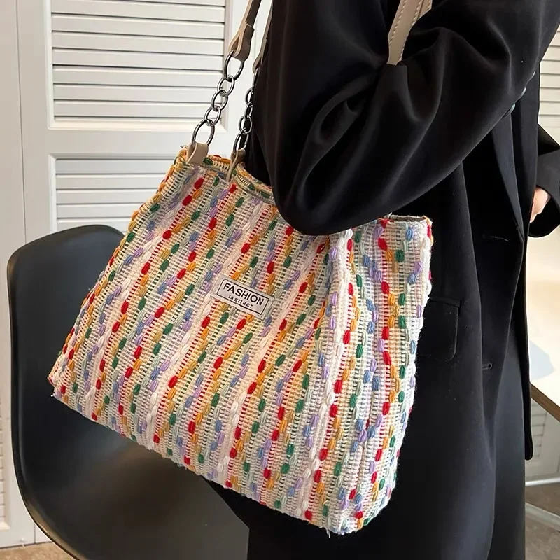 Large capacity Bag Women 2023 New Spring Summer Versatile Commuter Single Shoulder Niche Knit Rainbow Tote Bag