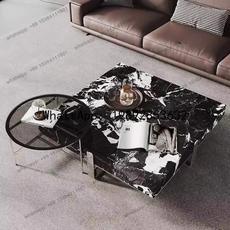 AB  Italian Minimalist Square Coffee Table, Black White Stone Top, Heat-Resistant & Easy Clean, Sturdy Compact Designer Set