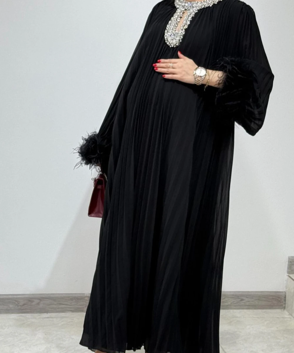 Eid Muslimisches Partykleid für Frauen, Ramadan, Diamanten, Federn, Abaya, lange Kleider, Kaftan, Vestidos, Dubai, Robe, Jalabiya, 2025, Abays