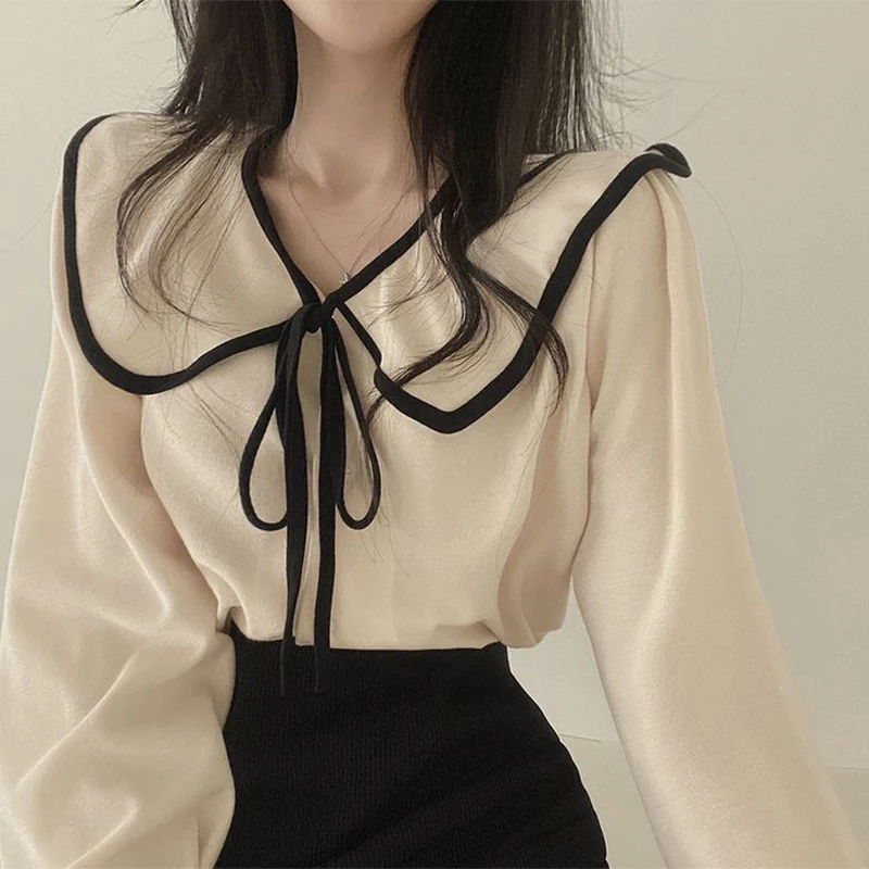 

Ele Spring Long Sve Loose irt with Bow Tie Design Versatile Chic Collar Knot Top for Young Women