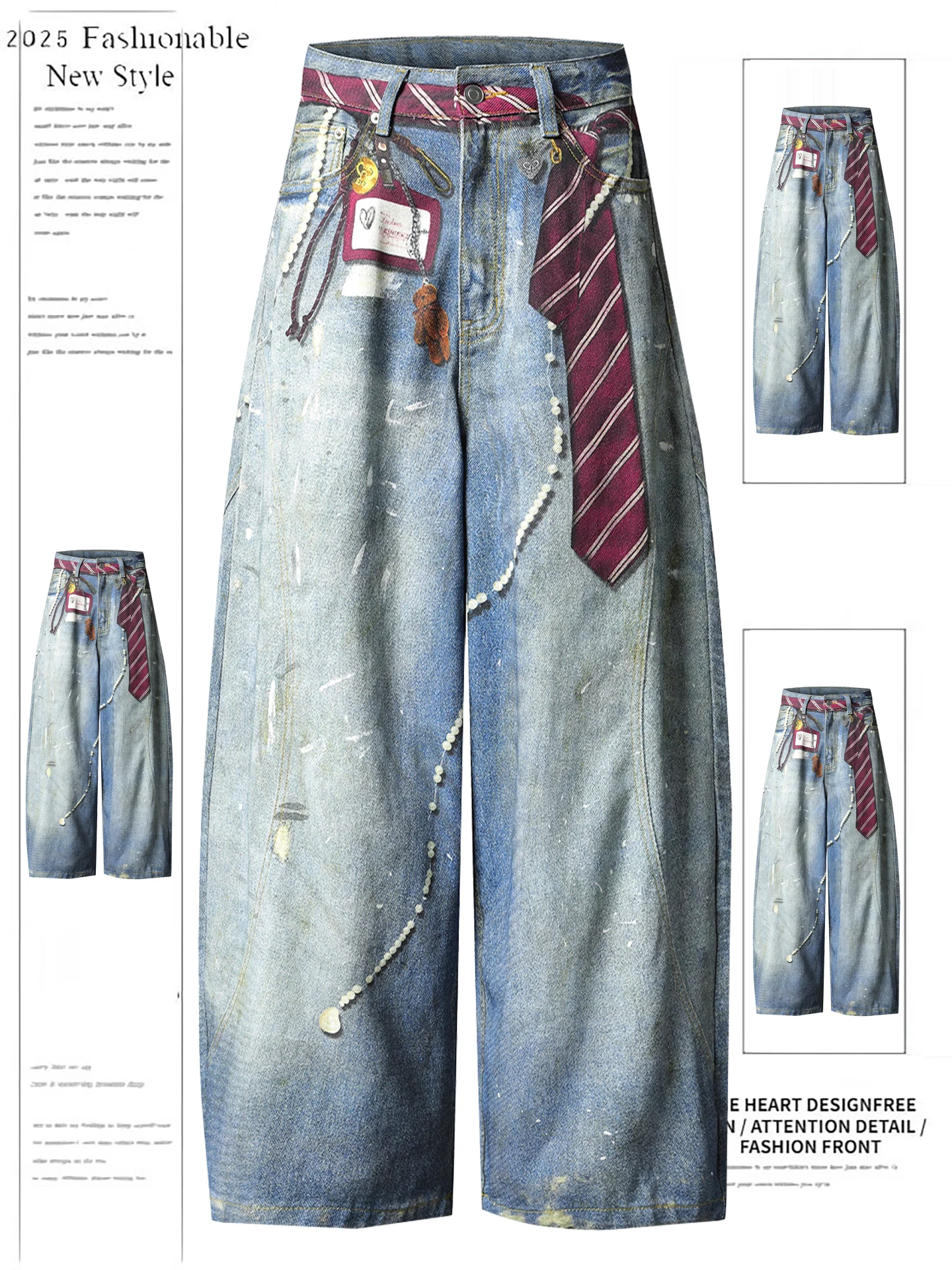 

American Retro Waed Vintage Knife Wide Leg Jeans Women's Loose Tied Design Autumn New Sle Blue Color High Waist