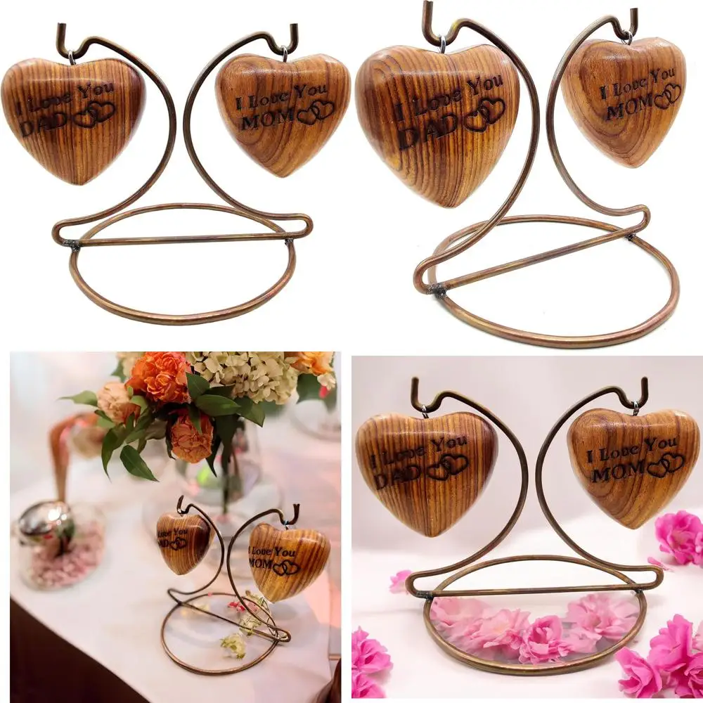 

Mini Dual Heart Cremation Urn for Parents - Handcrafted Wooden Ashes Box with Stand and Engraved I Love You MOM & DAD
