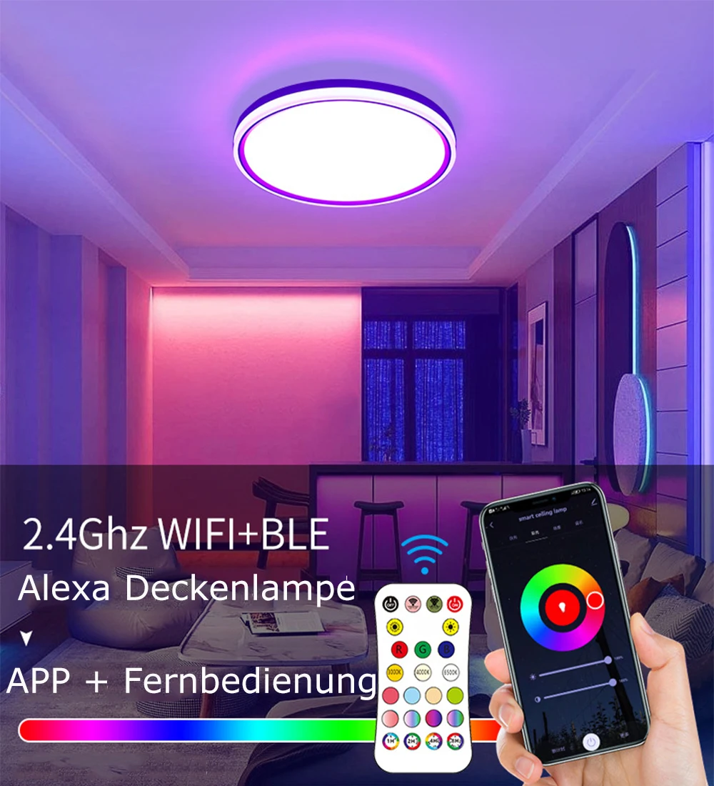 Smart LED Ceiling Light Dimmable, RGB Colour Changing Ceiling Lampe, App, IP54, 15W , 2700K-6500K Tunable, Compatible with Alexa