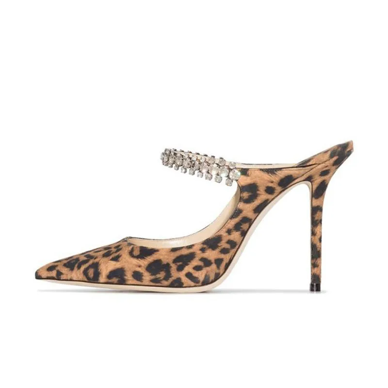 

Arden Furtado Summer leopard print Pointed Diamond chain Super high heel Closed toe slippers One-word band Dinner party Mules