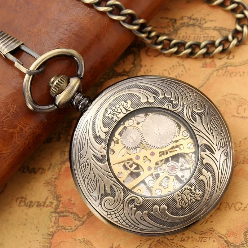 Antique Roman Number Dial Men Women Handwind Mechanical Pocket Watch FOB Pendant  Chain Hollow Out Numeral Case Clock Gift