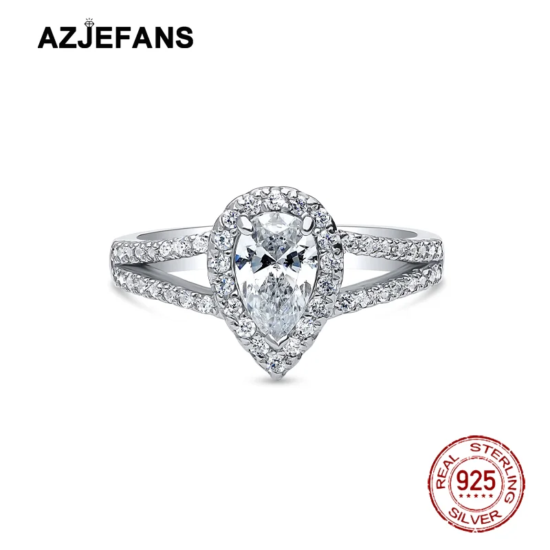 

AZJEFANS 925 Sterling Silver Pear Cut Halo Engagement Adjustable Ring Fine Jewelry
