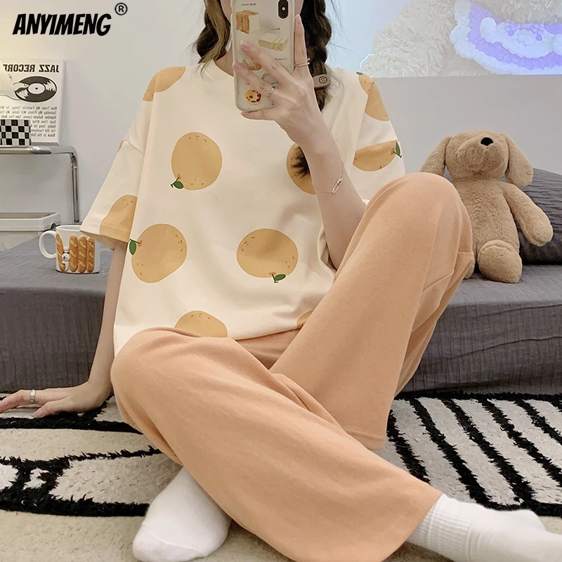 Summer New Cotton Cartoon Women Pajamas Set Short Sleeves Long Pants Cute Bear Print Pijamas Korean Sleepwear Woman Pajama