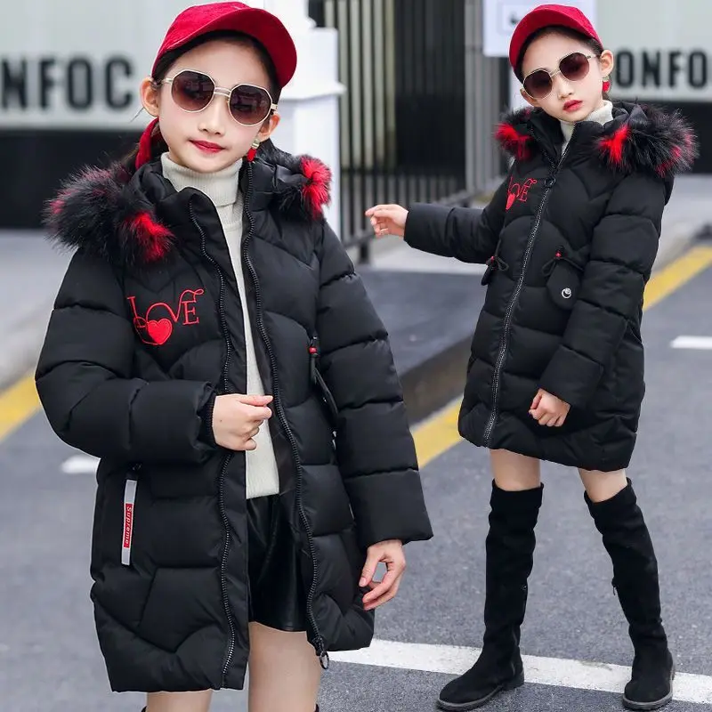 3-12 Years Old Thick Keep Warm Winter Girls Jacket Fur Collar Heart Pattern Padded Detachable hat Hooded Heavy Coat For Children