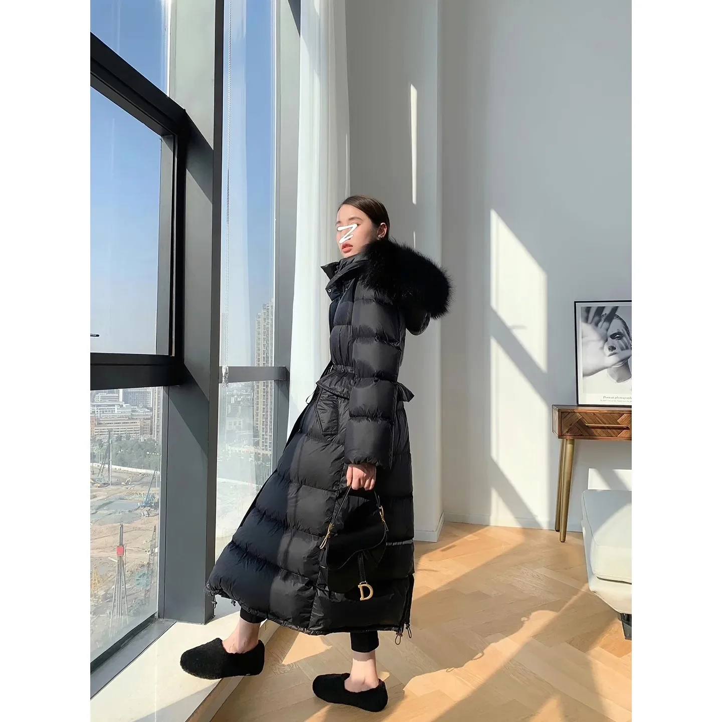 Luxury Natural Fox Fur 2024 Winter Women Puffer Jacket Long Parkas 90% White Duck Down Coats Hooded Warm Rouched Waist Outwear