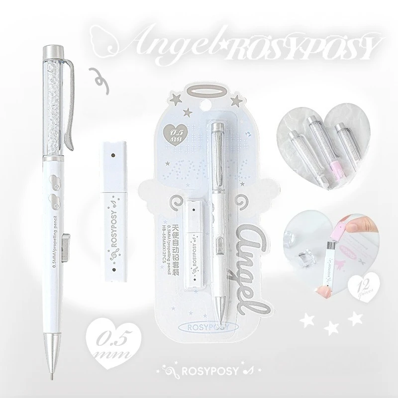Conjunto de lápis automático anjo 0,5hb, lápis mecânico de cristal com glitter, botão fofo, ferramentas de escrita para estudantes, material escolar kawaii