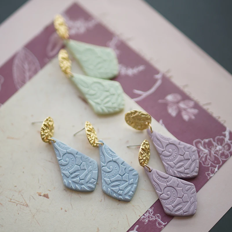 Multi Shapes Pale Colors Sandy Effect Leaves Pattern Special Metal Polymer Clay Vintage Elegant Earrings Jewelry Stud Sets Party