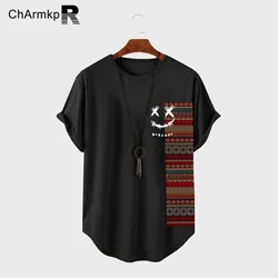 2024 ChArmkpR Summer Men T-Shirts Geometric Print Patchwork Short Sleeve Tops Streetwear Camisas Men Clothing Oversize Tee S-2XL