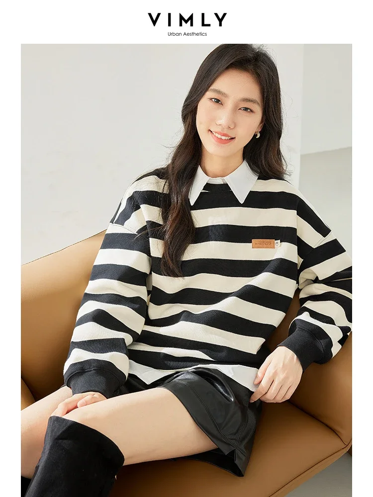 Vimly Contrast Striped Sweatshirt Female O-neck Pullover Long Sleeve Top 2023 New Casual Loose Cotton Winter Clothes Women M3752